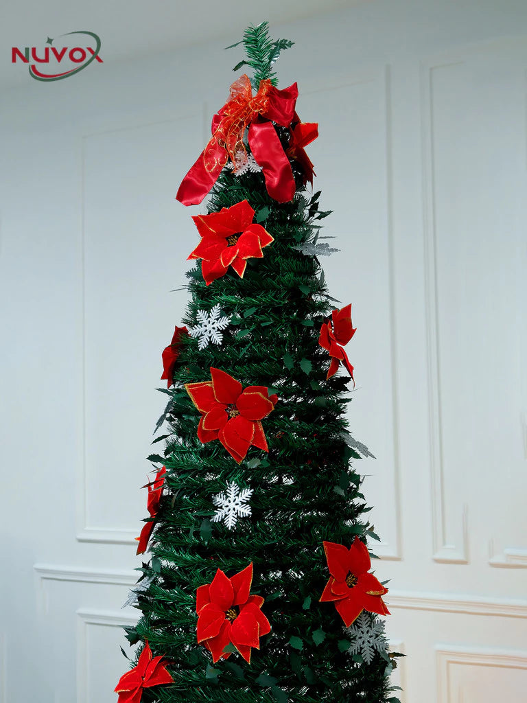 NUVOX 5/6/7ft Slim Foldable Christmas Tree Set with Decoration PVC Material Xmas Tree Can Save Space