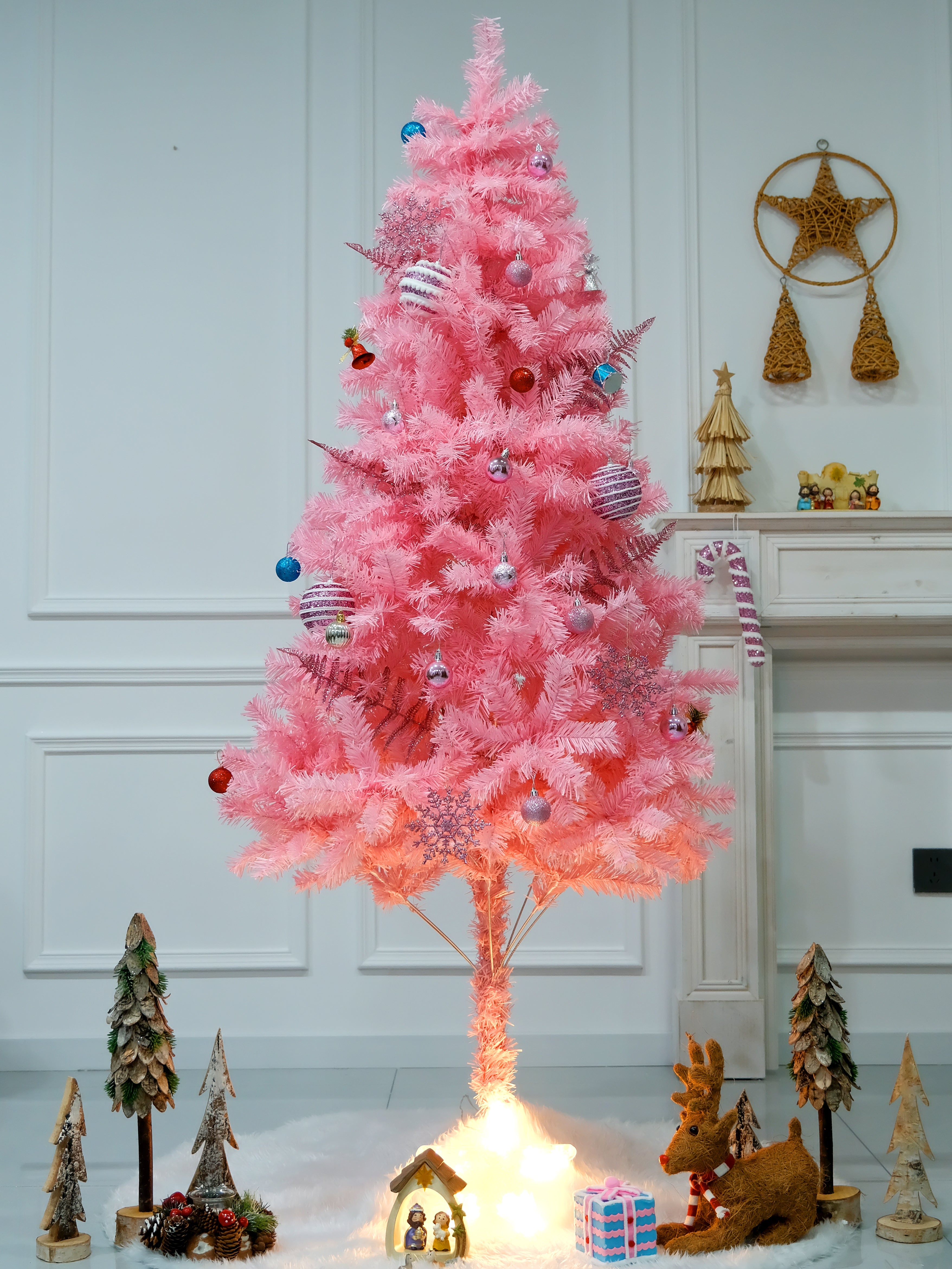 Pink Christmas Tree 6ft Artificial Spruce Full Pink Xmas Pine Tree with Metal Stand