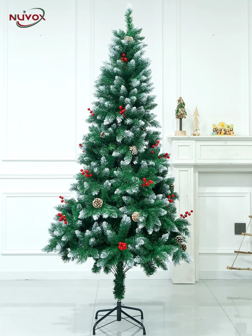 NUVOX Berry Christmas Tree 5/6/7/8FT Green Pine Snow Tree with Metal Stand Easy Set-up