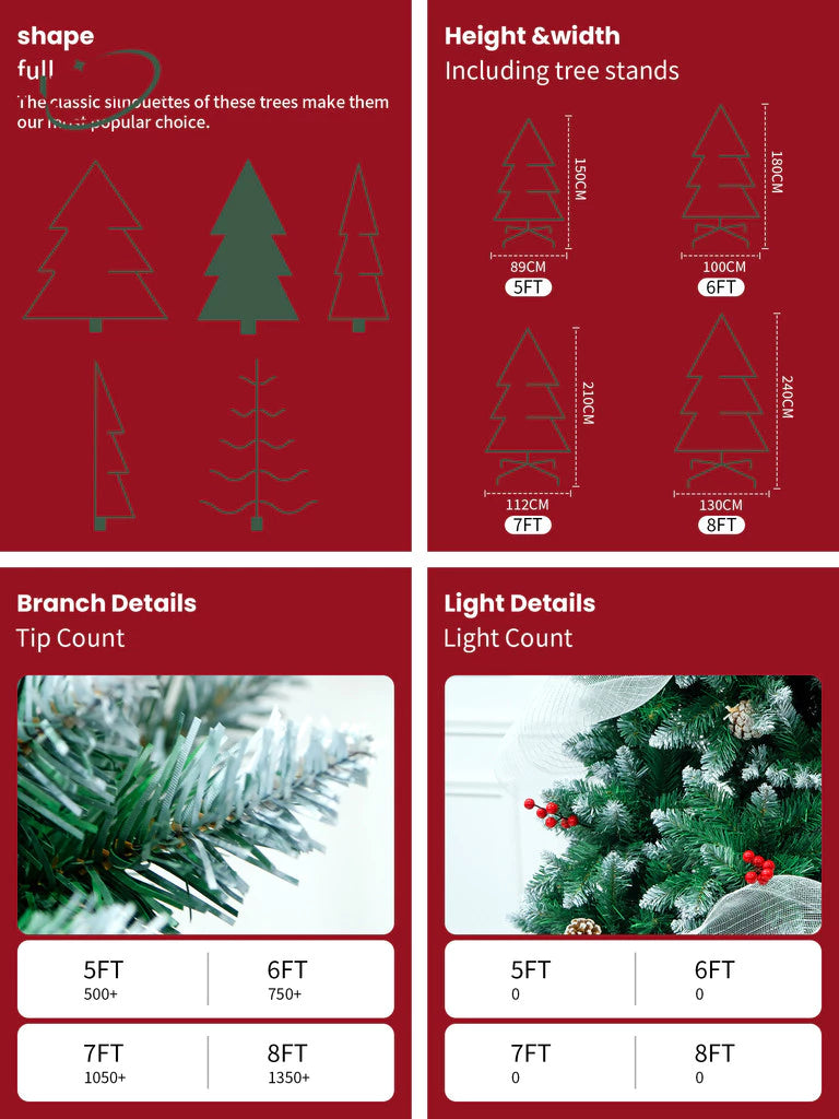 NUVOX Berry Christmas Tree 5/6/7/8FT Green Pine Snow Tree with Metal Stand Easy Set-up
