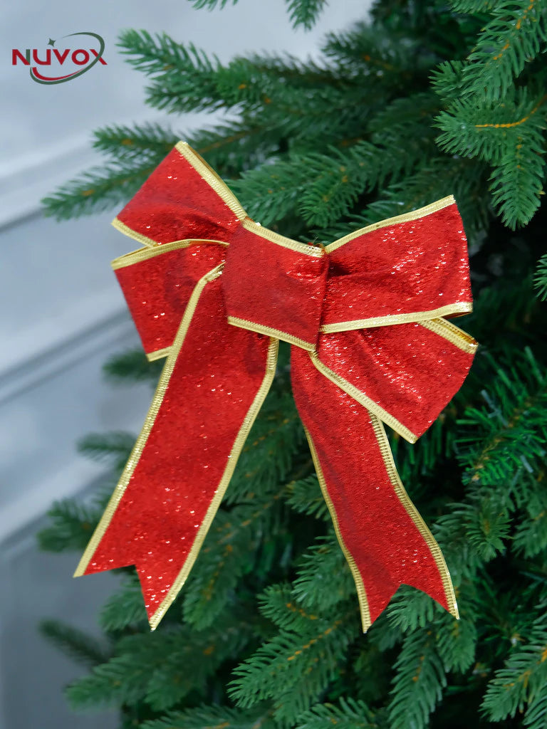 NUVOX 1/5/10Pcs Glitter Christmas Ribbon Bow Xmas Tree Hanging Bowknot Ornament Christmas Decoration