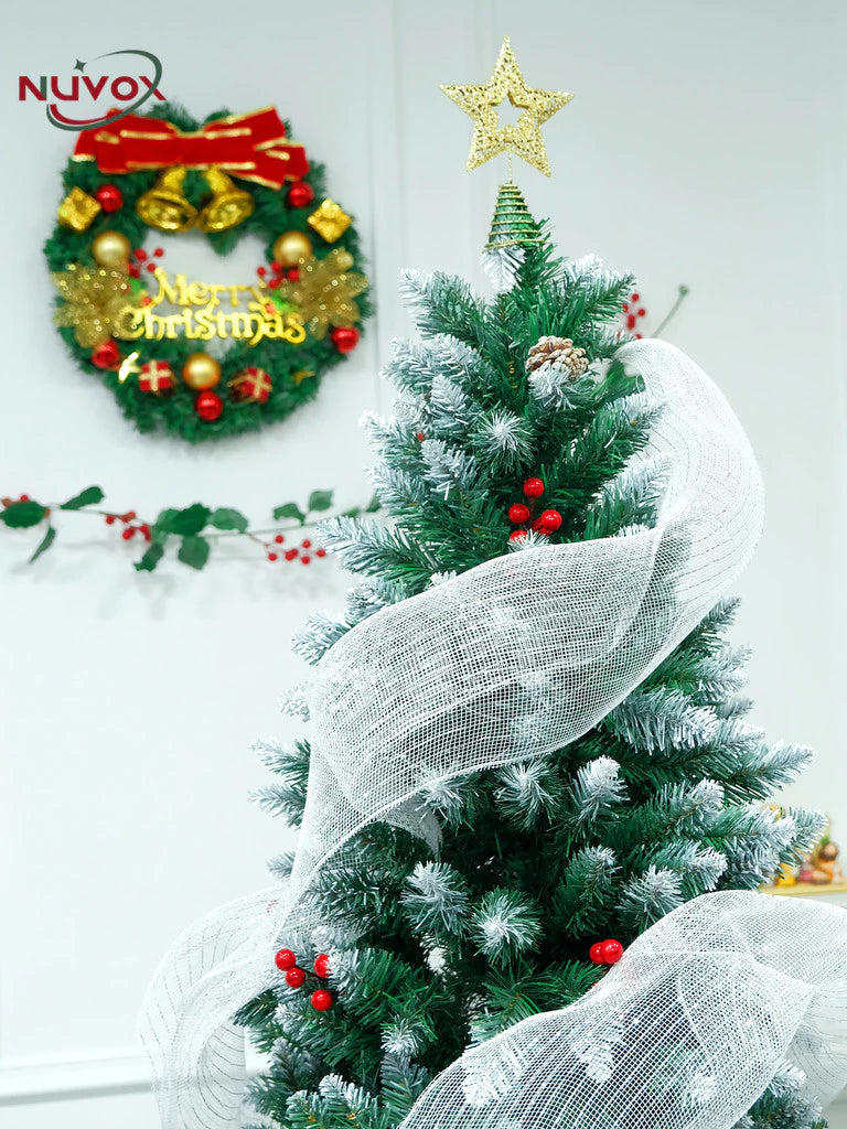 NUVOX Berry Christmas Tree 5/6/7/8FT Green Pine Snow Tree with Metal Stand Easy Set-up