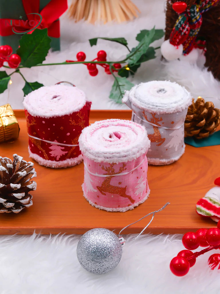 NUVOX Creative Christmas Ribbon Decoration With Velvet Elk Printed Wrapping Xmas Tree Ribbon