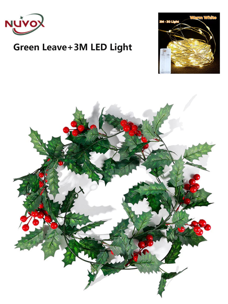 NUVOX Christmas Red Berry Garland Decoration with LED Artificial Red Berries Vine Christmas Garland