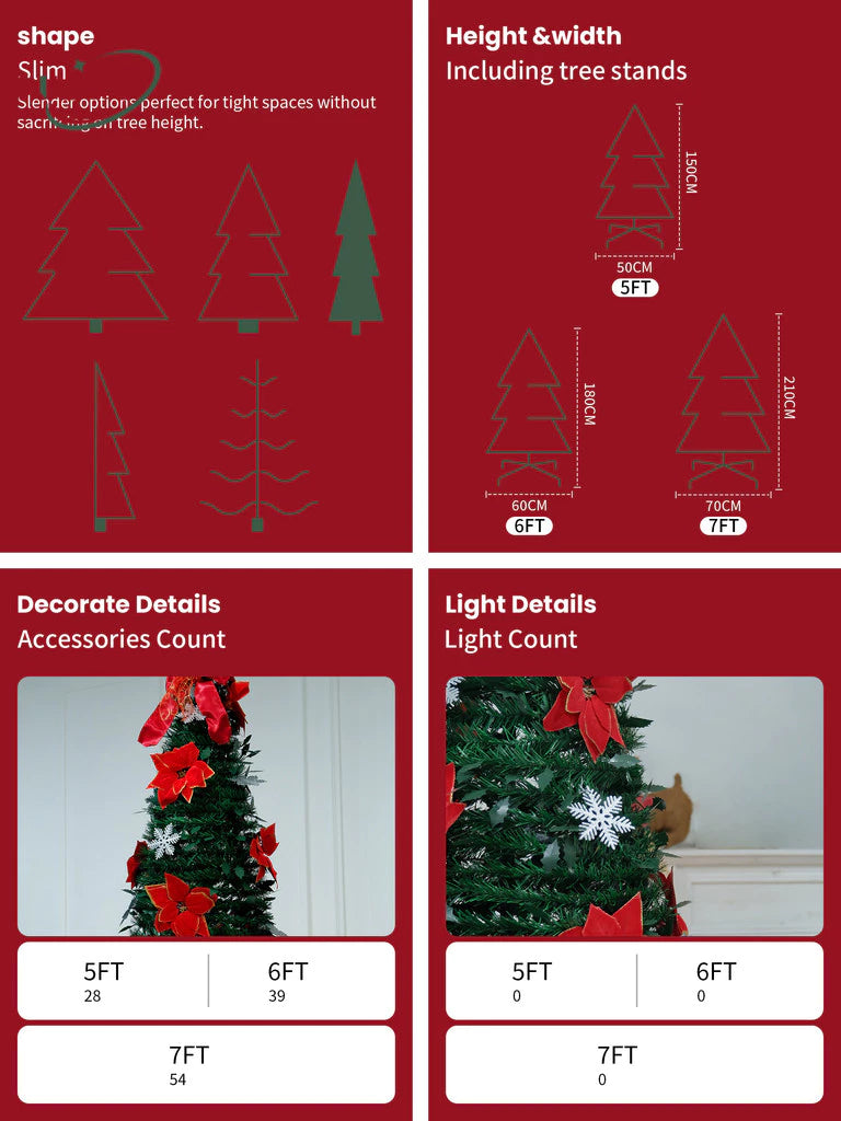NUVOX 5/6/7ft Slim Foldable Christmas Tree Set with Decoration PVC Material Xmas Tree Can Save Space