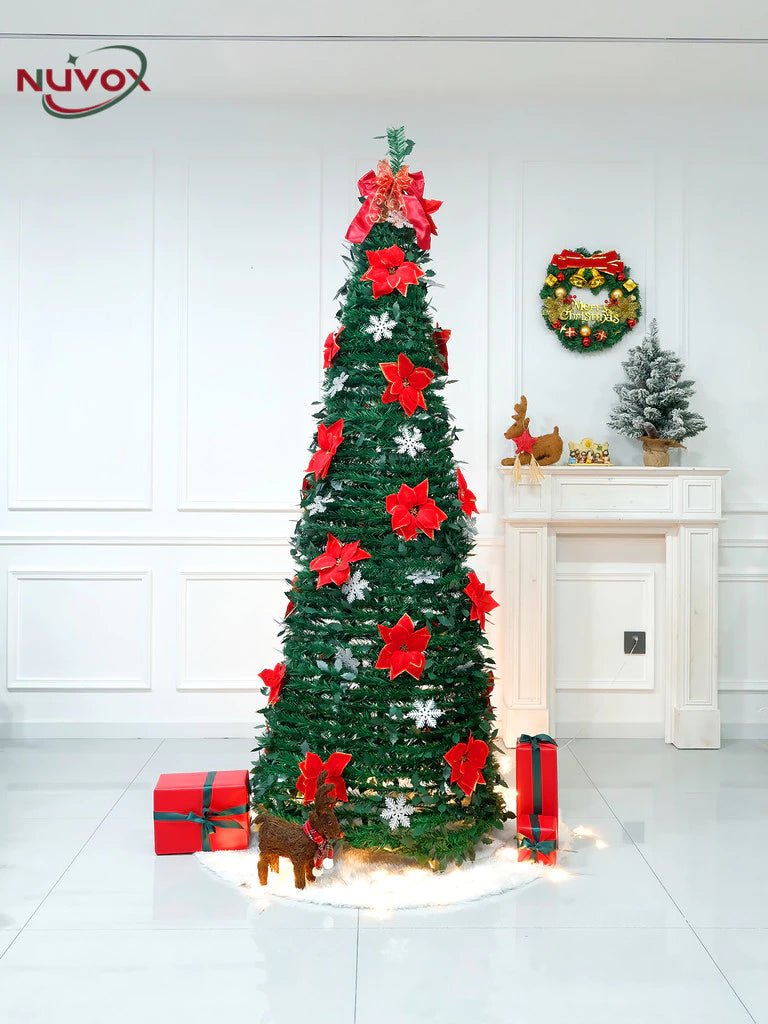 NUVOX 5/6/7ft Slim Foldable Christmas Tree Set with Decoration PVC Material Xmas Tree Can Save Space